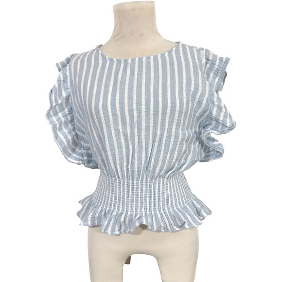 Cupcakes and Cashmere Tops - Cupcakes and Cashmere Blue White Stripe Smocked Peplum Ruffle Sleeve Juniors M